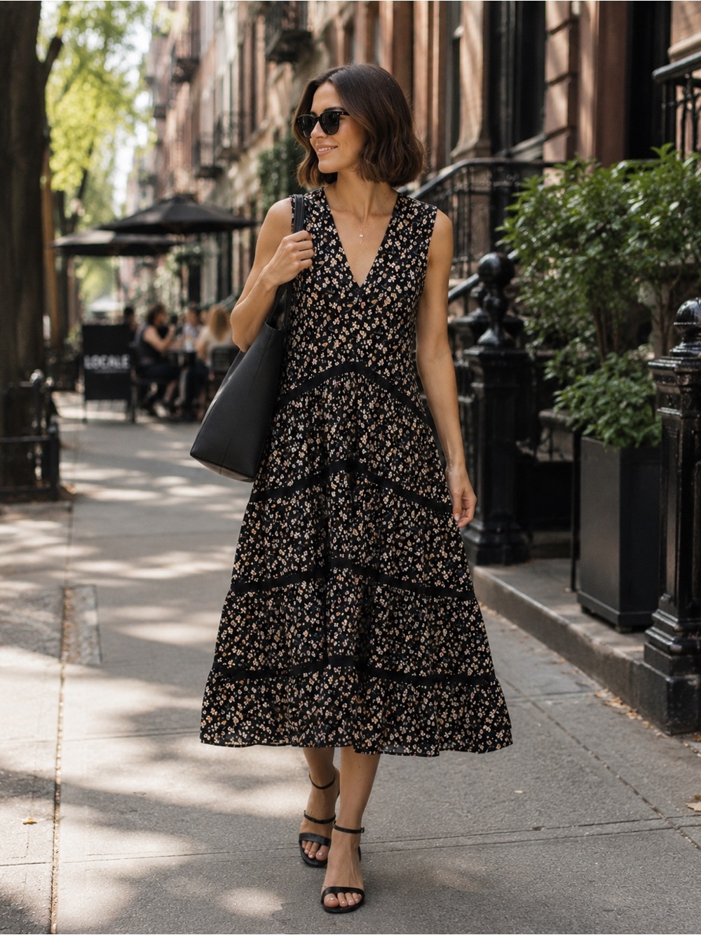 Merlette Wallis Dress Black Floral Tiered Midi Sleeveless V-Neck Boho Luxury XS